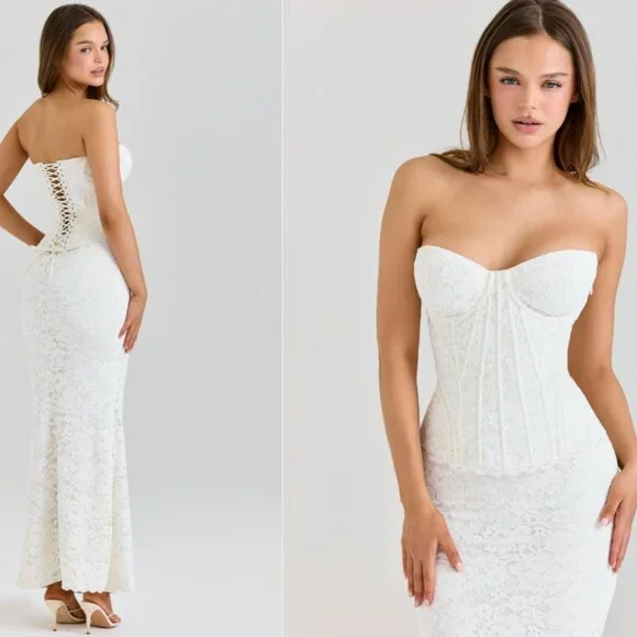 chinese dress ladies Celina White Lace Corset Maxi Dress, L / White